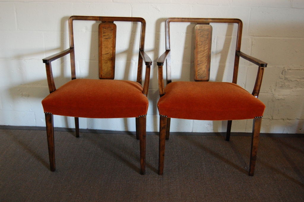 Pair of Swedish Art Deco Intarsia Burnt Orange Mohair Armchairs 1