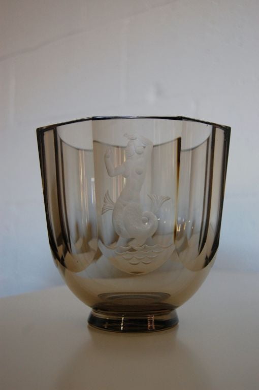 Polished Nils Landberg for Orrefors Engraved Mermaid Art Glass Vase For Sale