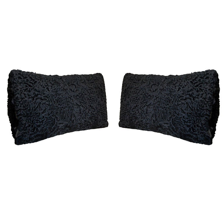 Pair of Reclaimed Vintage Black Persian Lamb Fur Pillows