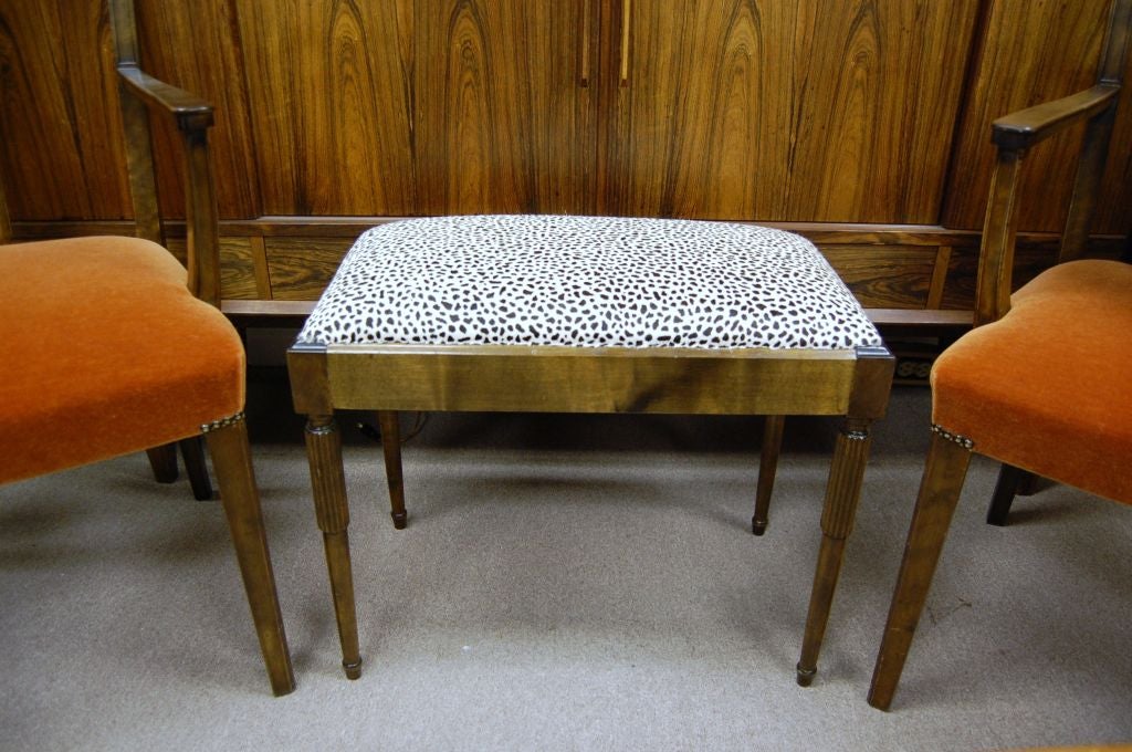 Swedish Art Deco Flame Birch Bench in Snow Leopard Cowhide 5