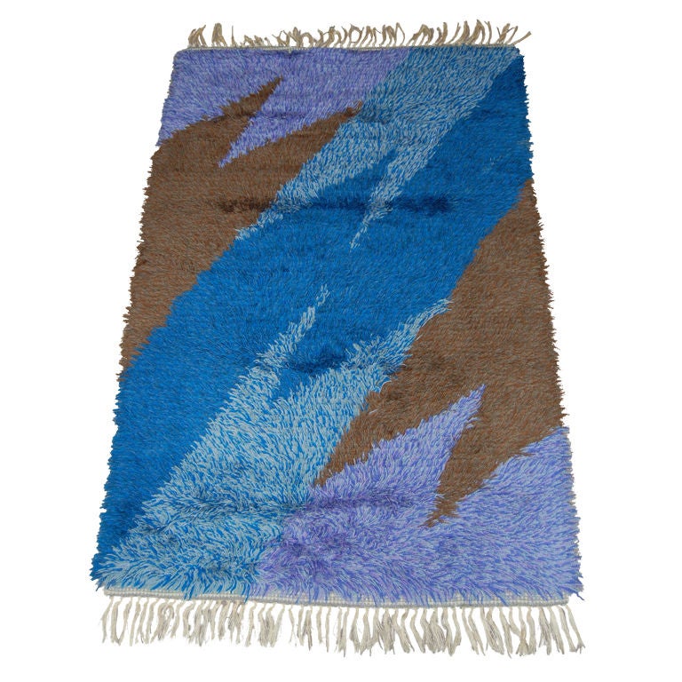 Tapis Rya moderne suédois à poils longs bleu abstrait 3x5, lavande et marron