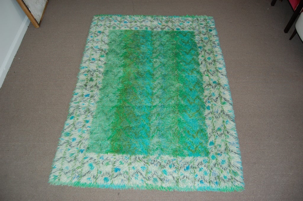 Swedish Modern 4.7x6.4 Vibrant Green Rya Rug by Wahlbecks