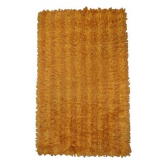 Tapis Rya à poils longs moderne suédois vintage, rayures oranges et dorées, 91,44 x 152,4 cm