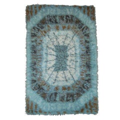 Vintage Swedish Modern 3x5 Spiderweb Turquoise Blue Shag Rya Rug