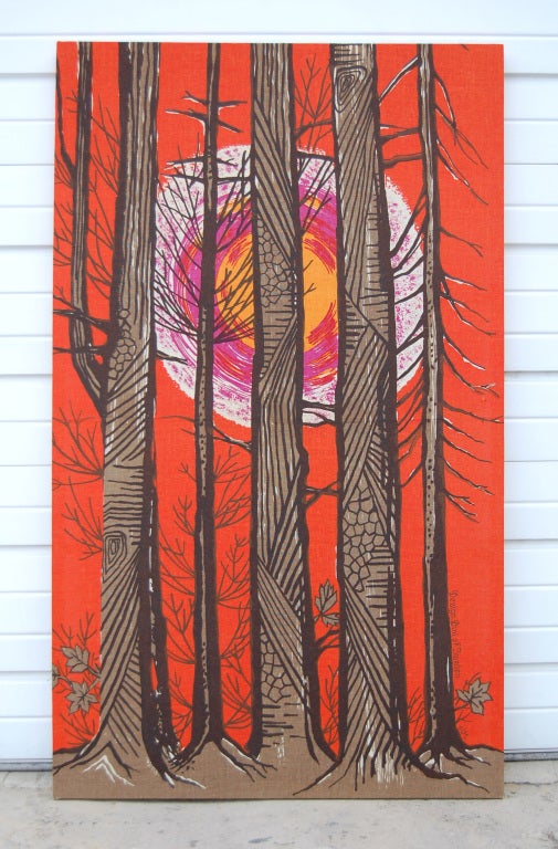 Vivid wall hanging from 1960's Sweden of forest on tomato red/orange red ground.  Silk screened on burlap.  