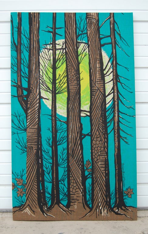 Vivid wall hanging from 1960's Sweden of forest on teal ground. Silk screened on burlap. 