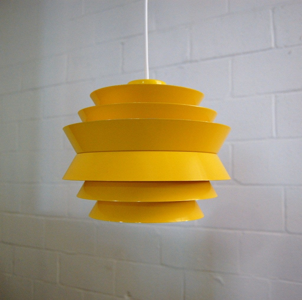 Pendant by Carl Thore, Denmark, in a sunny yellow enamel coated finish. Aluminum.  Newly rewired to US standards.  New 6 foot white cord.
