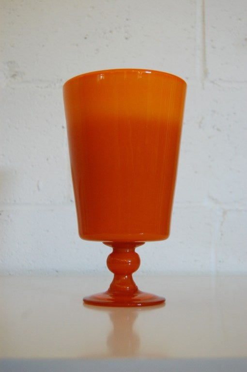 Vintage Swedish Footed Orange Art Glass Vase by Erik Hoglund for Boda (1932 - 1998).  Original foil label: 