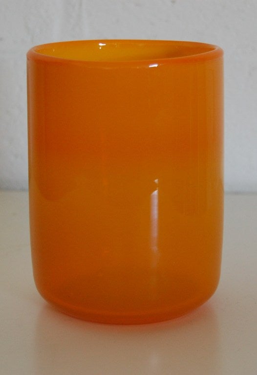 Vintage Swedish Orange Art Glass Vase by Erik Hoglund for Boda (1932 - 1998).  Original label on outside:  