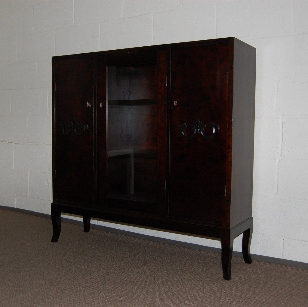 Carved Swedish Dark Birch Buffet Server Cabinet or Bookcase with Curio