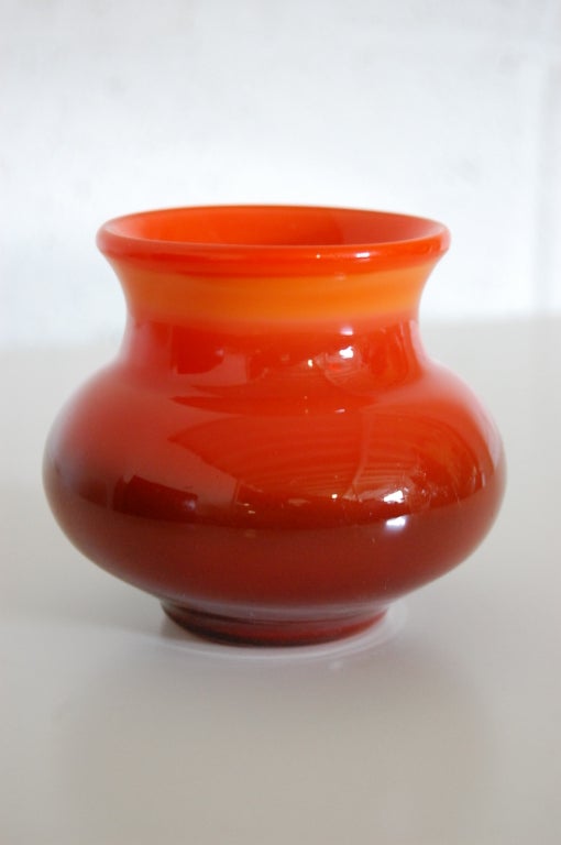 Vintage Swedish Ombre' Orange/Red Art Glass Vase by Erik Hoglund for Boda (1932 - 1998).  Original label:  
