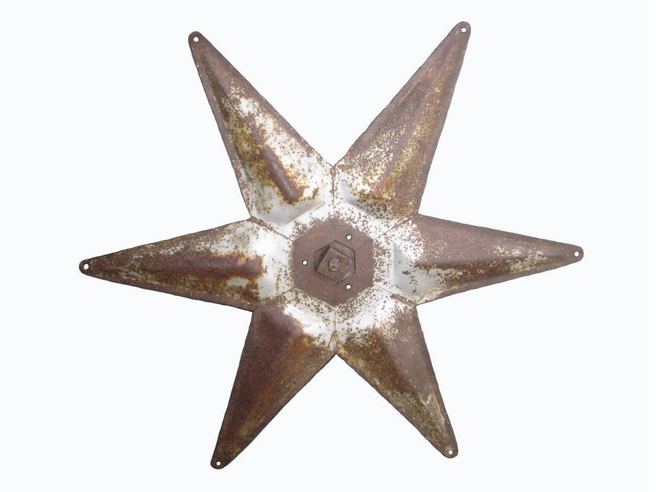 Large-scale Industrial metal star in old silver surface with custom wall hanging center bracket, circa 1930.