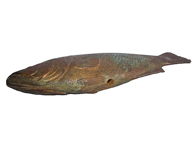 Late 19th century rare cast iron three dimensional fish trade sign showing fine detail to both sides, multi layered painted surface, excellent condition, found in an Iowa fish shop.