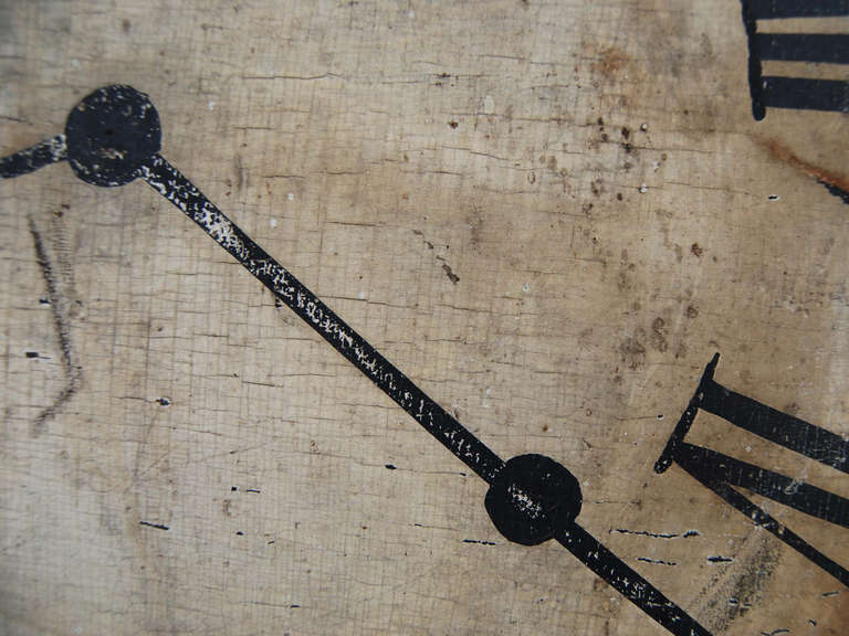 19th century cast iron watchmaker's trade sign with a highly unusual wood face on both sides, with the frame showing 'Watches' 'Clocks' and 'Jewelry' stamped in the outer rim, showing exceptional detailing, all in the best age cracked paint in old