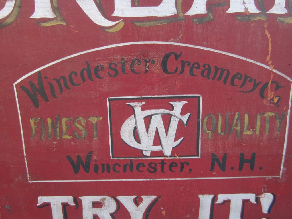 Circa 1900 wood double sided sidewalk sign 'We Serve Ice Cream' Winchester Creamery, Winchester NH, constructed from three wide boards with a wood frame surround, all on original shoe foot base, original and untouched surface and condition, New