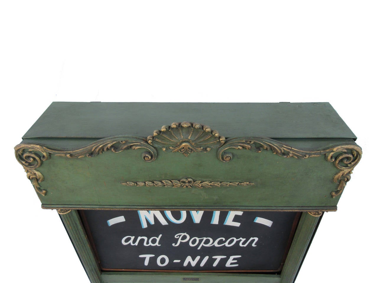 Rare and unique wood electrified movie marquee, circa 1920.
Made by and signed 'The Davis Bulletin Co. Inc Buffalo NY, Patented March, 1918 and June, 1925,' showing gold gilt fretwork and decoration and an interior copper framed hand-painted