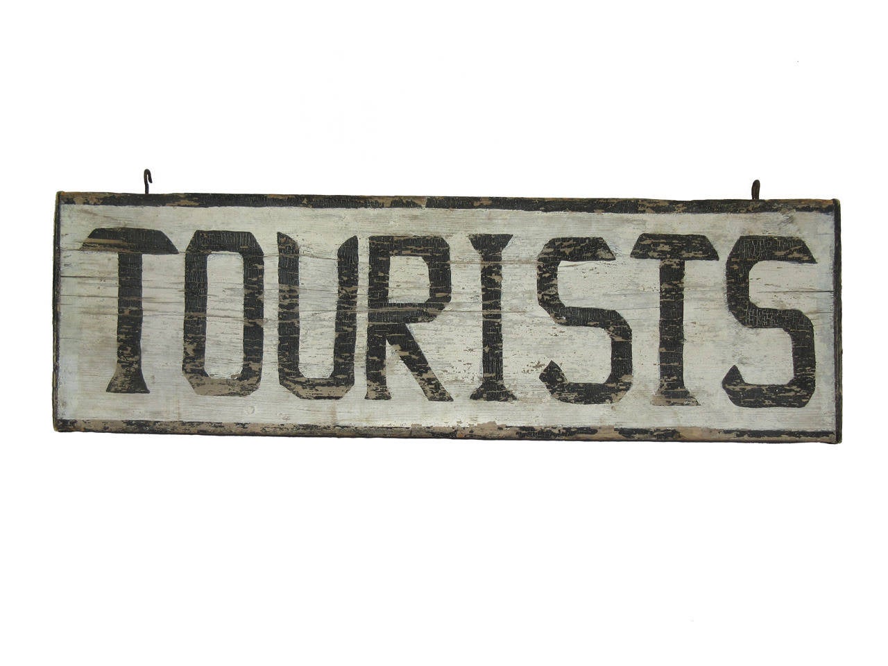 Double sided wood 'Tourists' sign in age cracked original black and white paint, circa 1930s..
