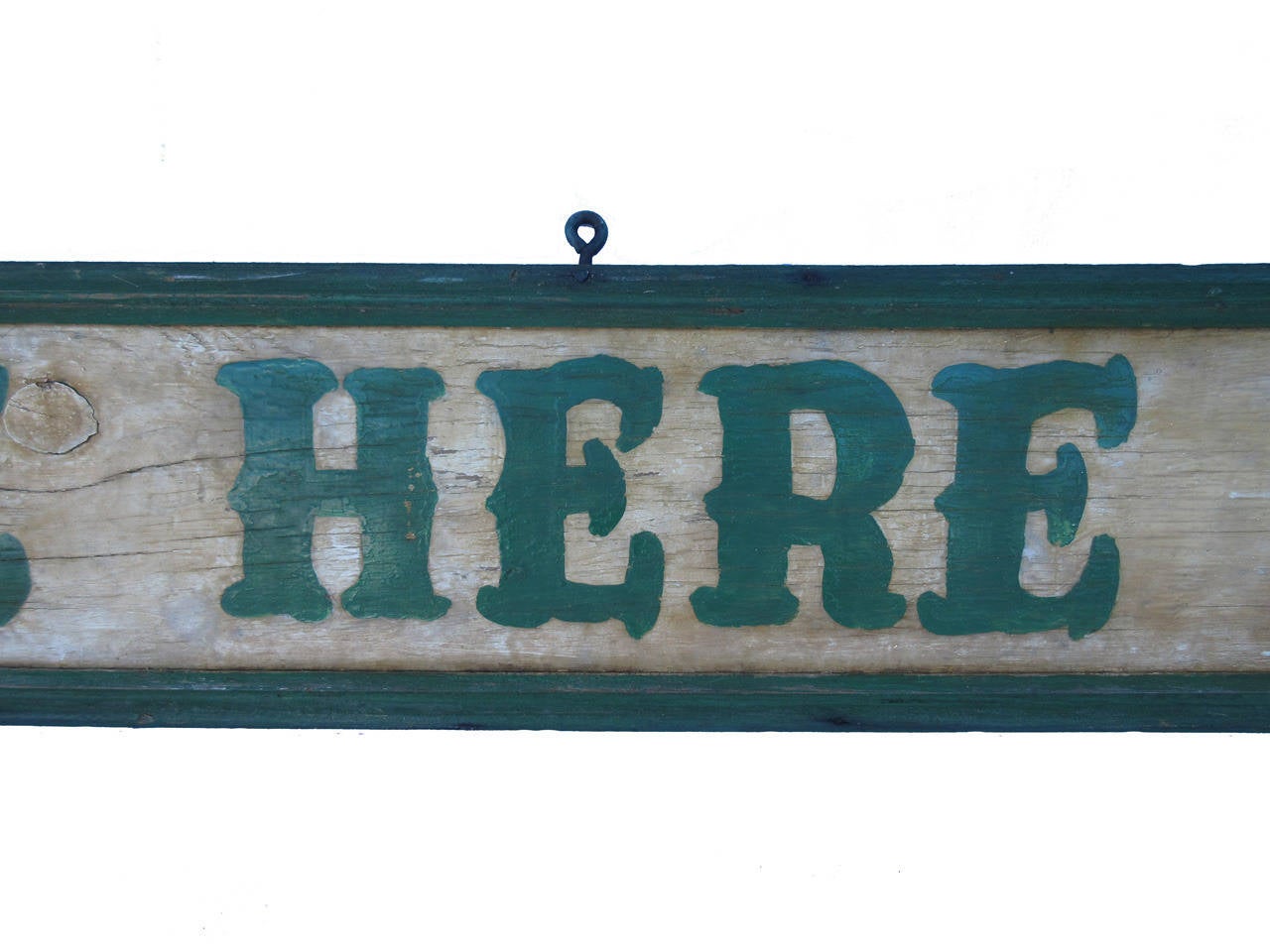 Exceptional handmade large-scale wood 'Ice Cream Made Here' sign in fancy and professional lettering on an ivory ground with a green wood border surround, great age cracked painted surface, original condition, Atlantic City boardwalk origin, circa