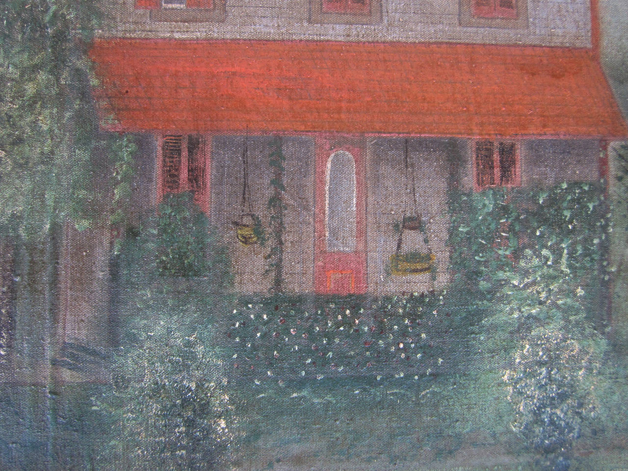 Oil on canvas of a bucolic house scene in untouched surface and excellent condition with no repairs, no tears, in a bold gilt contemporary frame, circa 1900s.