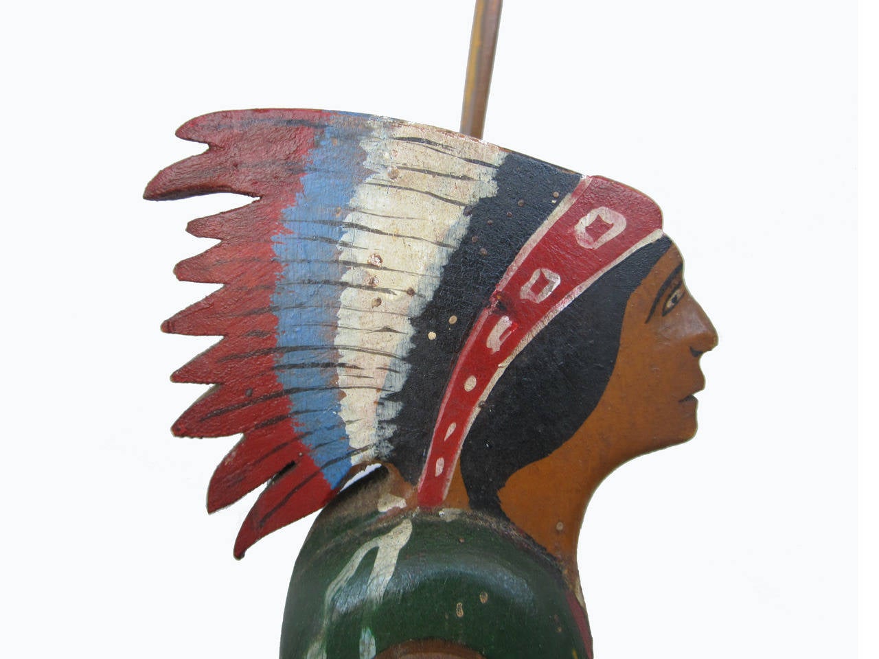 Double sided Indian in a canoe whirligig with painted headdress, sun designs on the paddles, decorated canoe border, new table stand (not shown), circa 1930.
