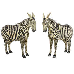 Pair Carved and Painted Zebras