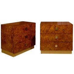 Pair of Burled Three Drawer Side Tables With Brass Pulls