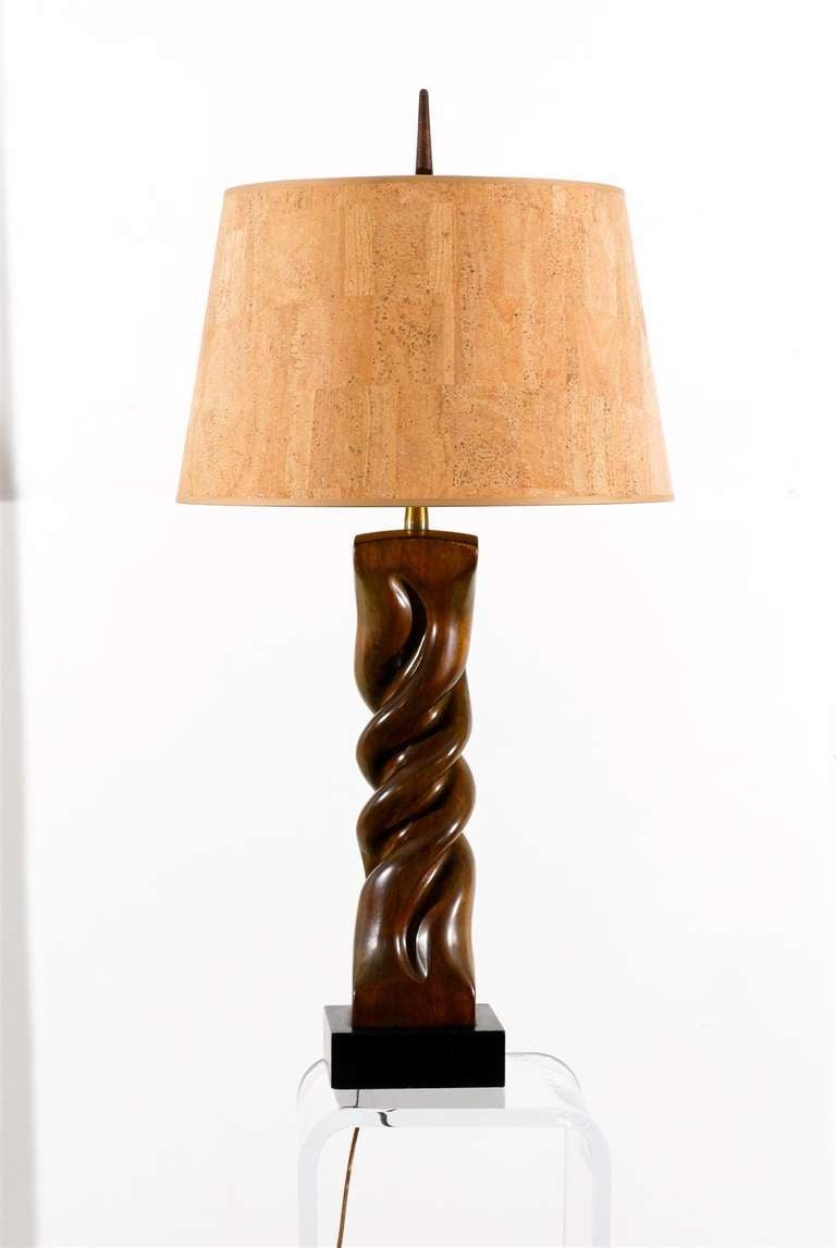 Mid-Century Modern Beautiful Pair of Large-Scale Carved Walnut Lamps by Heifetz