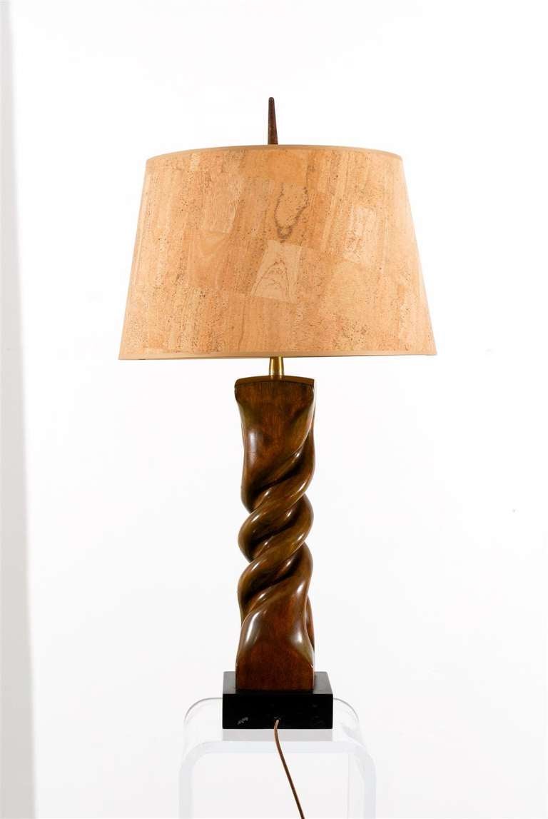 Beautiful Pair of Large-Scale Carved Walnut Lamps by Heifetz In Excellent Condition In Atlanta, GA