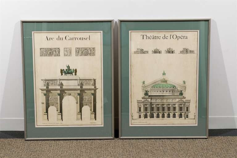 A Handsome pair of antique posters of 19th Century French architectural engravings, circa 1930. Wonderful color, scale and patina. Excellent Vintage Condition. The price noted is for the pair.