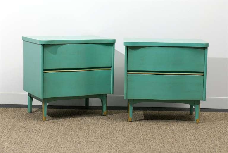 A Great pair of walnut two (2) drawer end tables/night stands, circa 1960. Wonderful case design with lovely brass detail. Unmarked, but very heavy and well made pieces. Restored in Turquoise lacquer and then subtle glaze added. Final coat of clear