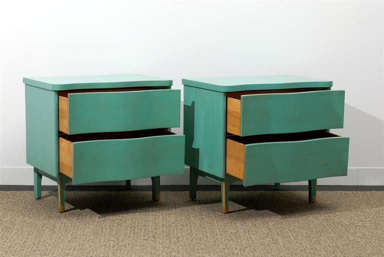 Brass Beautiful Pair of Serpentine Front End Tables/Night Stands in Turquoise