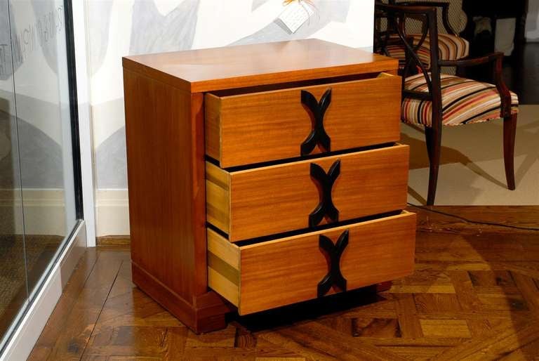 Exquisite Restored Pair of Art Deco Commodes in Ribbon Mahogany, circa 1940 For Sale 1