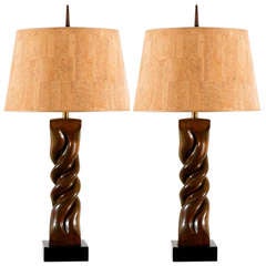 Beautiful Pair of Large-Scale Carved Walnut Lamps by Heifetz