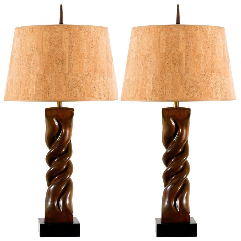 Beautiful Pair of Large-Scale Carved Walnut Lamps by Heifetz