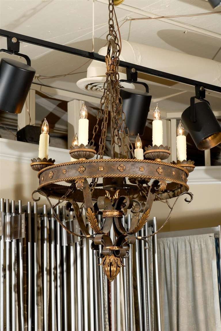 Louis XIV Style Six Light Chandelier In Iron With Gilded Accents. Bronze/Brown Patina