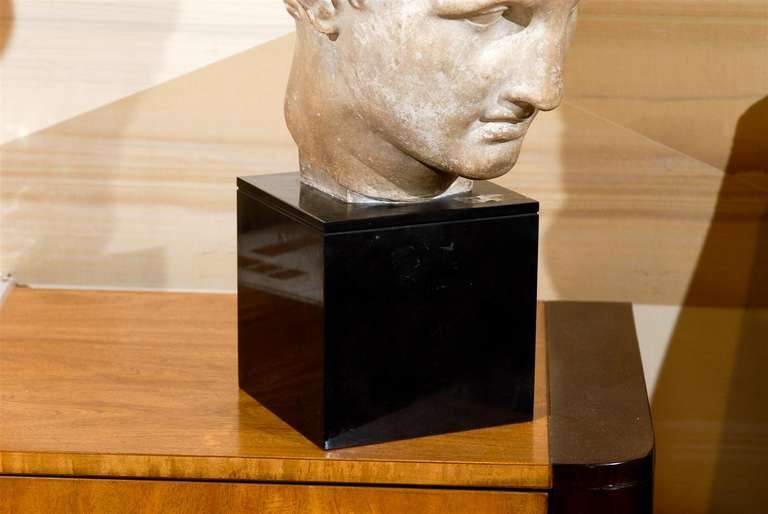 19th Century Classical Roman Bust in Plaster on Black Stone Base In Good Condition In Atlanta, GA