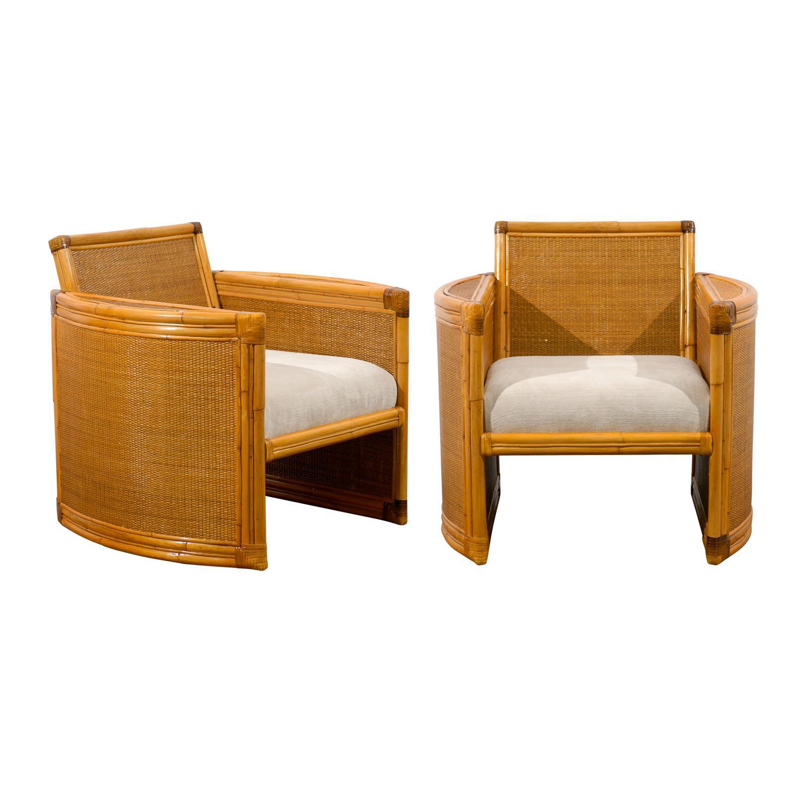 Fabulous Pair of Restored Vintage Rattan and Raffia Club Chairs