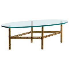 Oval Glass Coffee Table with Gilded Iron Bamboo Base