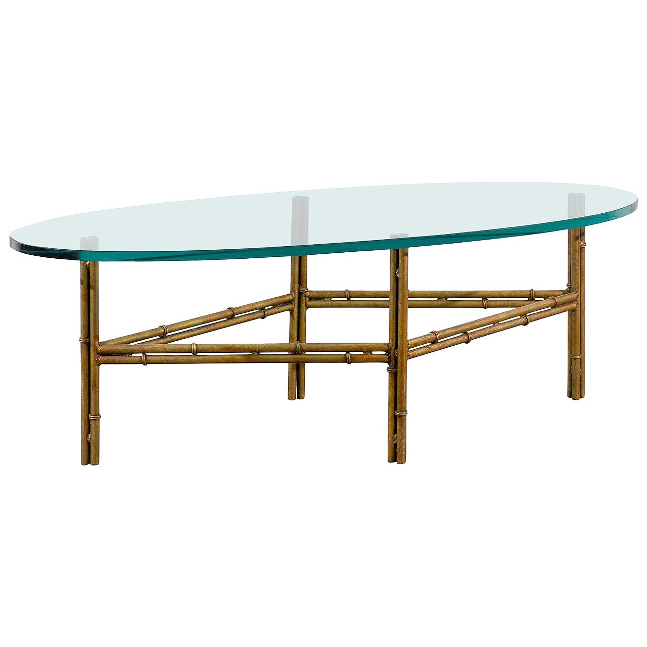 Oval Glass Coffee Table with Gilded Iron Bamboo Base