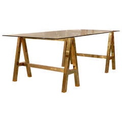 Dramatic Vintage Brass and Glass Sawhorse Writing Table