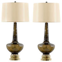 Pair of Hand-Painted Smoked Glass Lamps with Nickel and Brass Accents 12