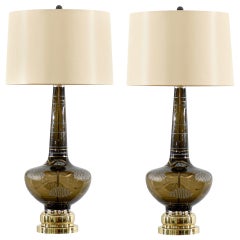 Pair of Hand-Painted Smoked Glass Lamps with Nickel and Brass Accents