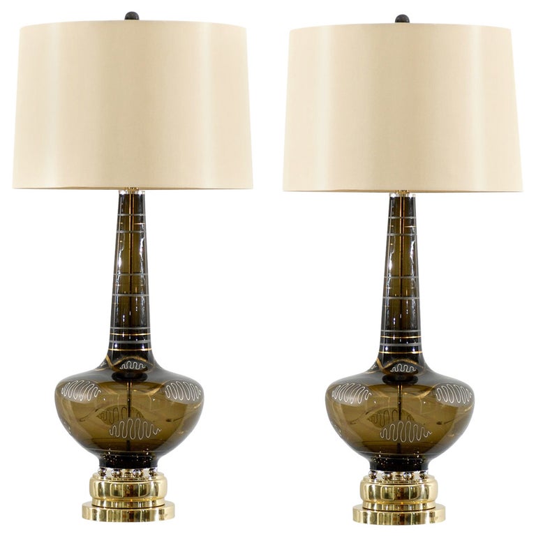 Pair of Hand-Painted Smoked Glass Lamps with Nickel and Brass Accents For Sale