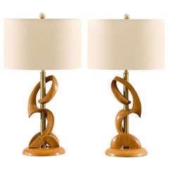 Unusual Pair of Blonde and Brass Lamps by Heifetz 11