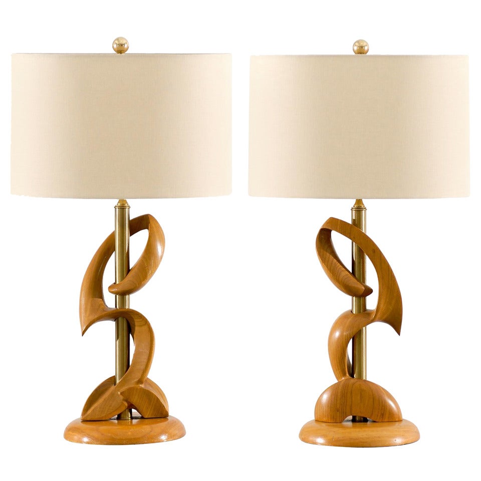 Unusual Pair of Blonde and Brass Lamps by Heifetz For Sale