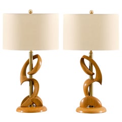 Retro Unusual Pair of Blonde and Brass Lamps by Heifetz