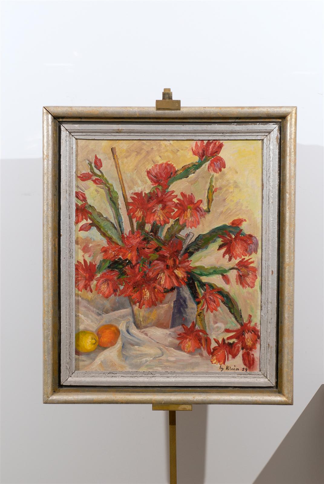 Beautiful Still Life Painting  Oil on Canvas in Reds, Oranges Greens & Yellow
Signed Klein 1959
