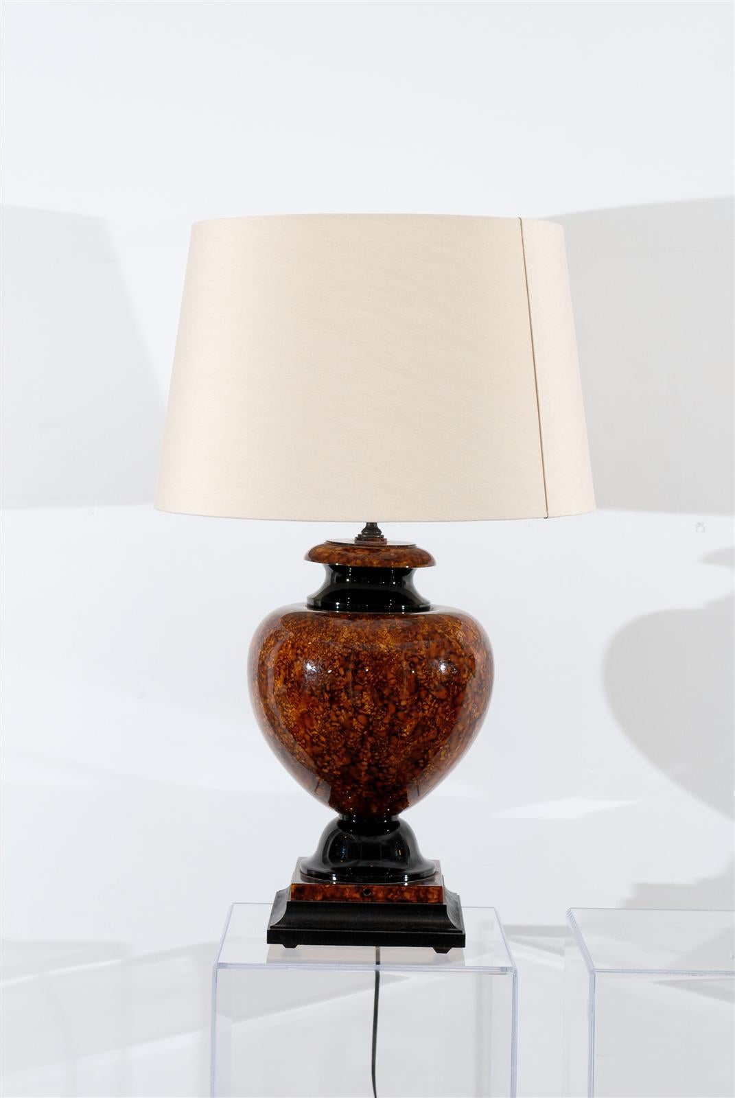 Pair of Italian Faux Tortoise and Black Lacquer Lamps
