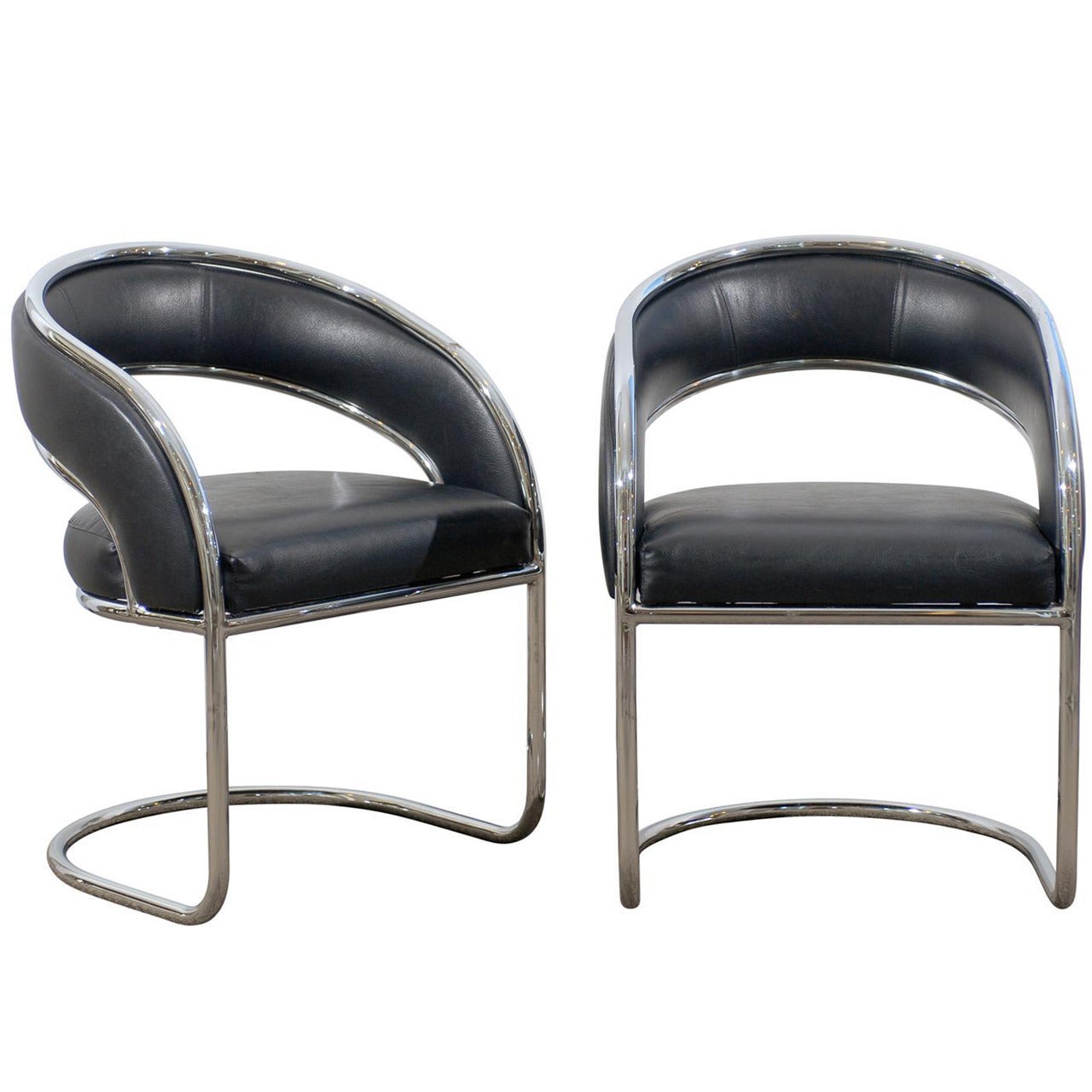 Pair of Rounded Back Chrome Chairs in Black Leather For Sale