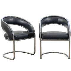 Pair of Rounded Back Chrome Chairs in Black Leather